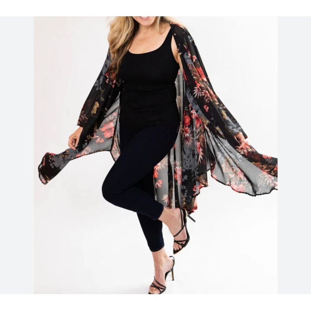 Aparellel black floral long open cardigan